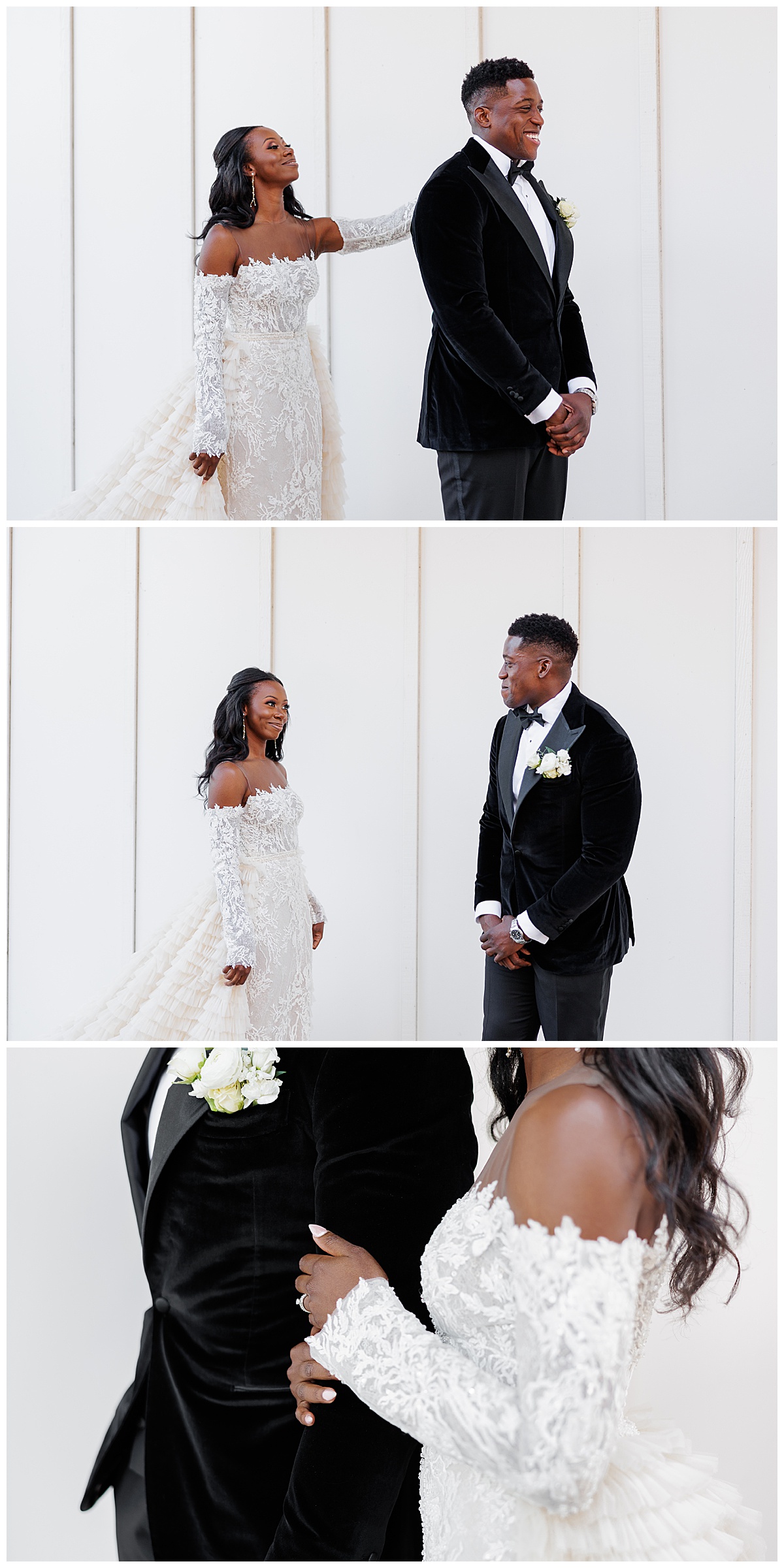 Timeless and elegant couple sharing a first look on their wedding day